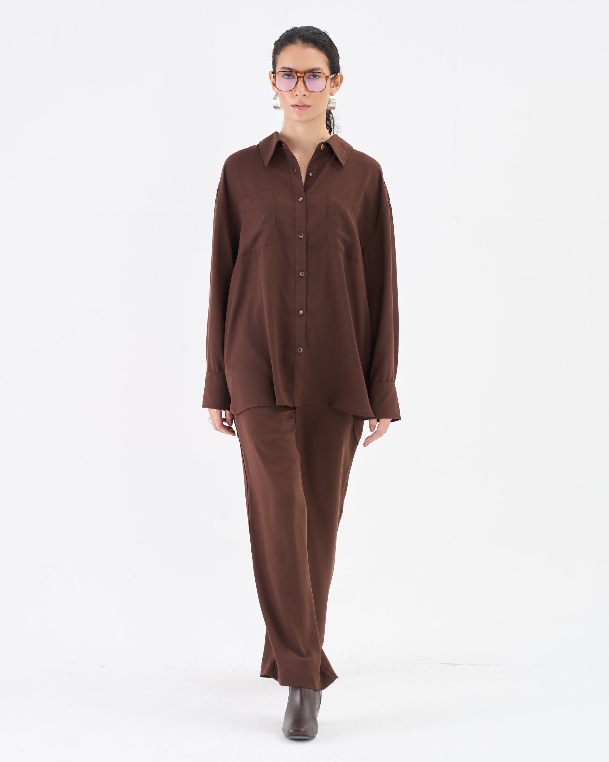 Cocoa Brown Co-ord Set with Relaxed Shirt & Wide-Leg Trousers
