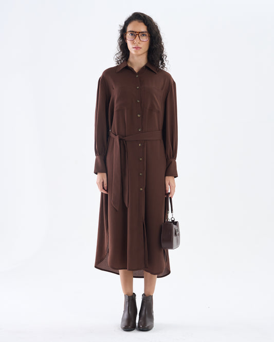 Cocoa Brown Belted Shirt Dress