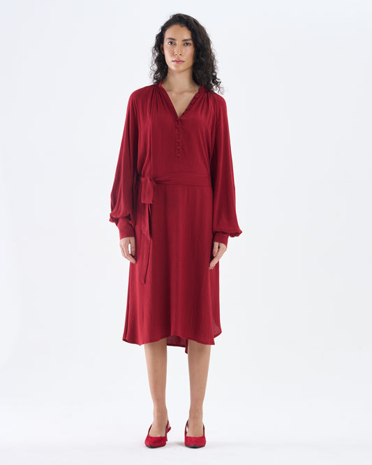Crimson Red Belted Midi Dress