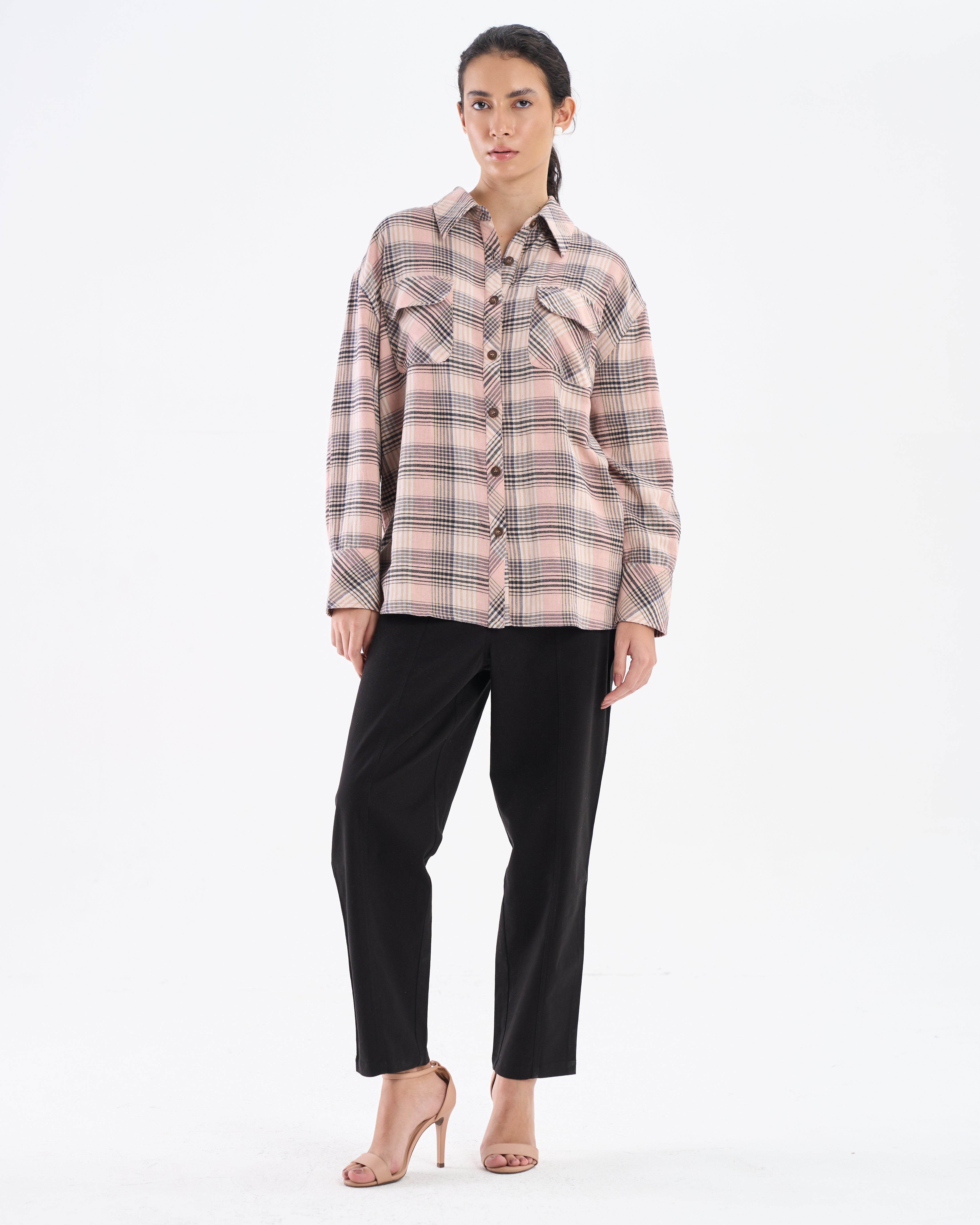 Chemise oversize à carreaux rose poudré