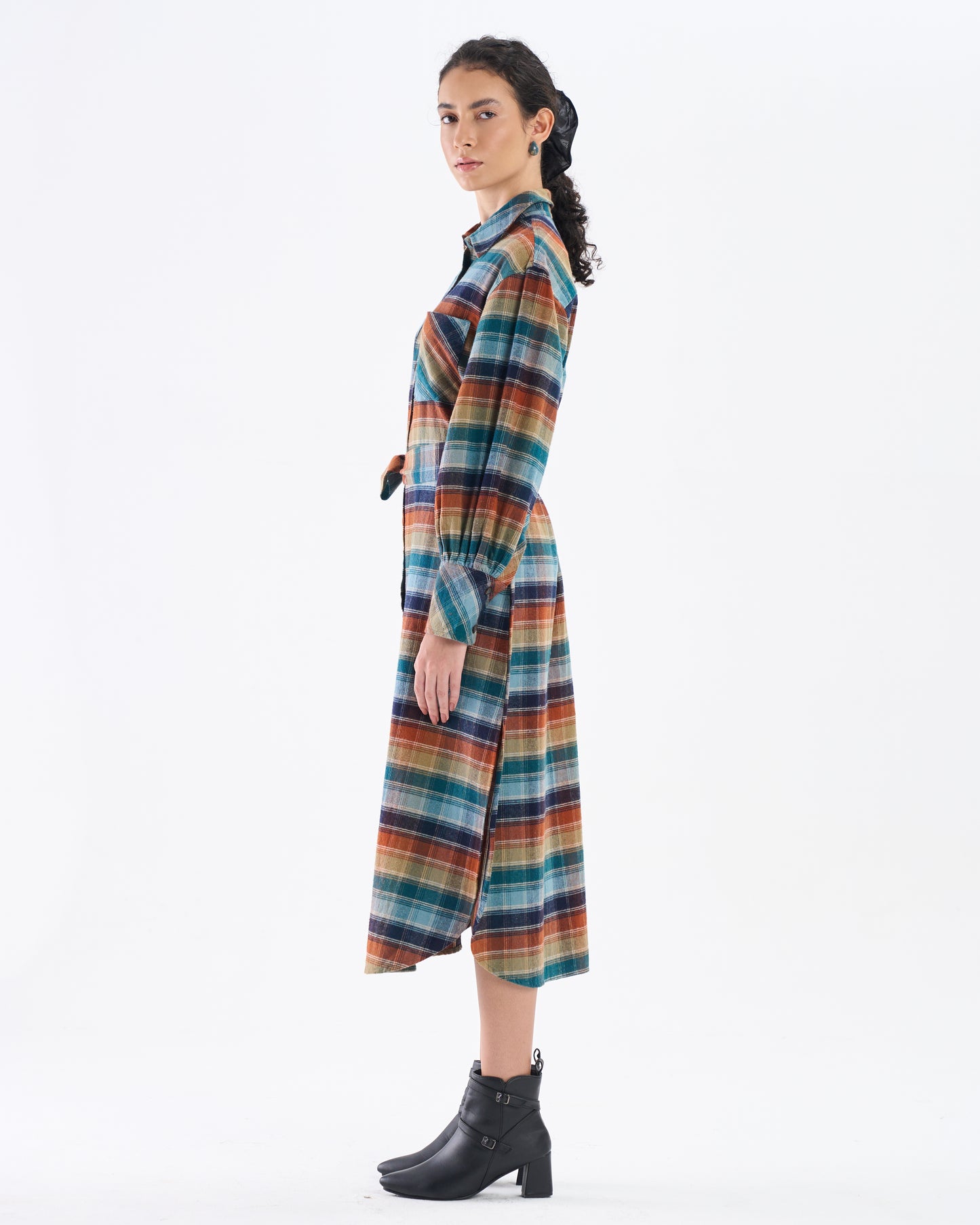 Multicolor Check Belted Shirt Dress