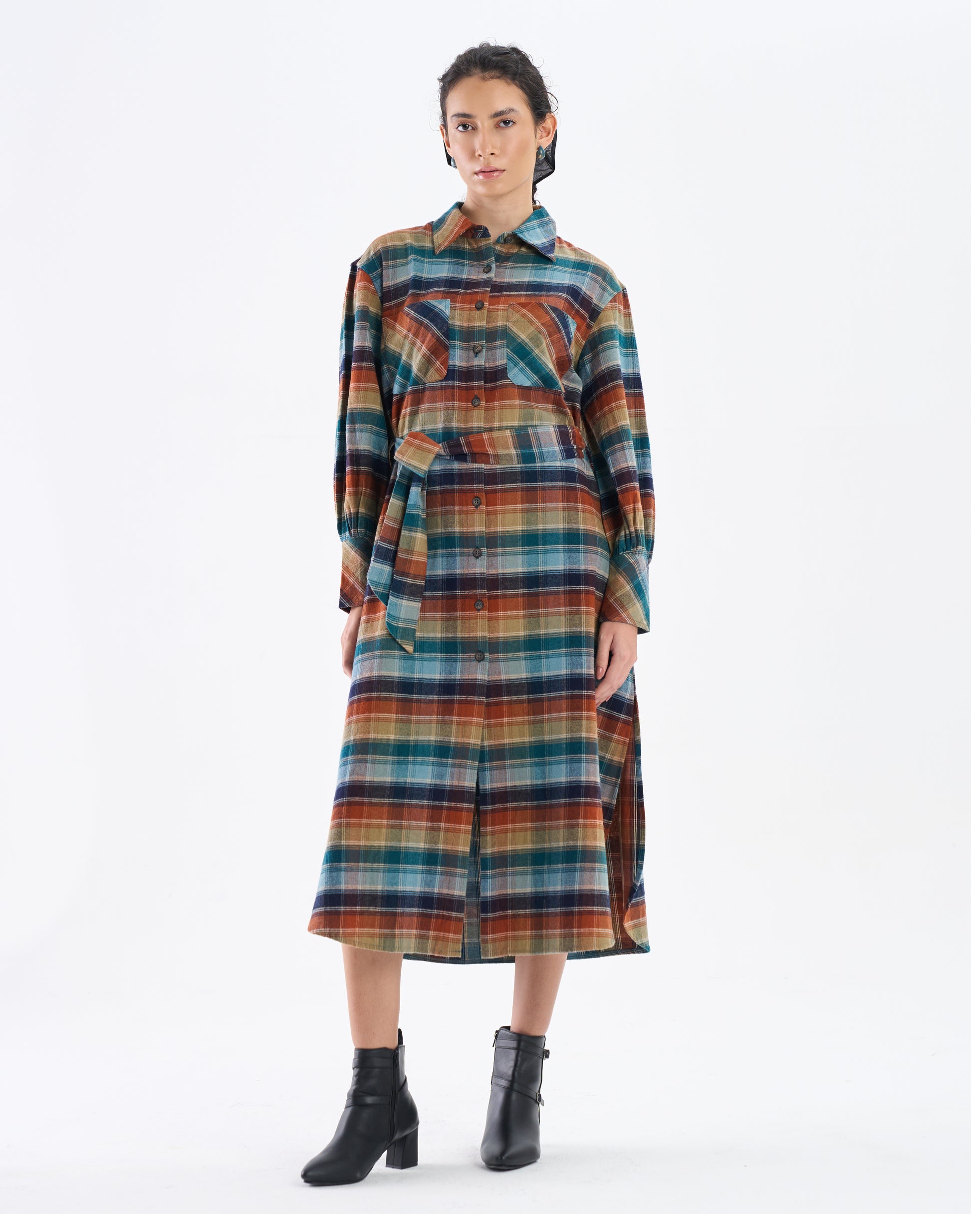 Multicolor Check Belted Shirt Dress