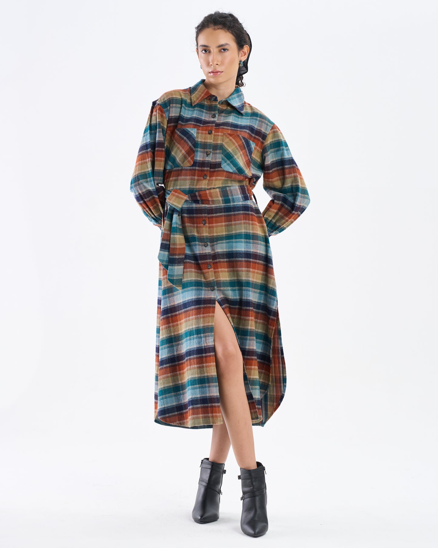 Multicolor Check Belted Shirt Dress