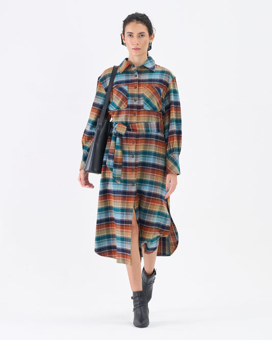 Multicolor Check Belted Shirt Dress