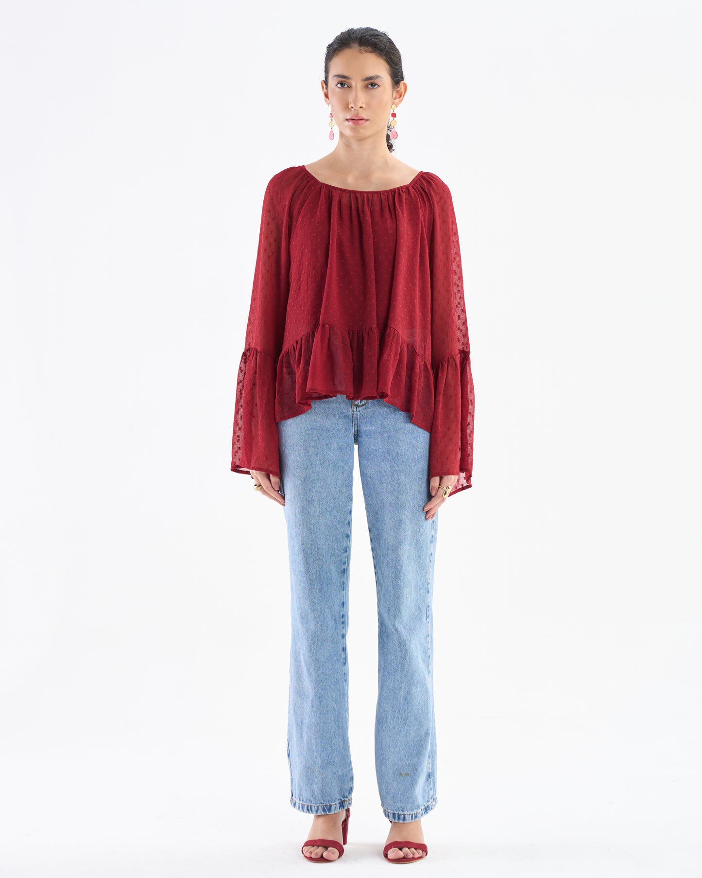 Wine Red Flounce Sleeve Peplum Top