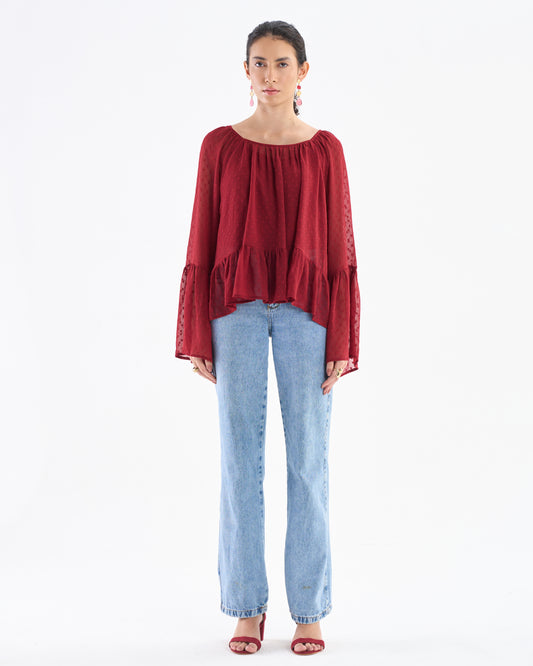 Wine Red Flounce Sleeve Peplum Top