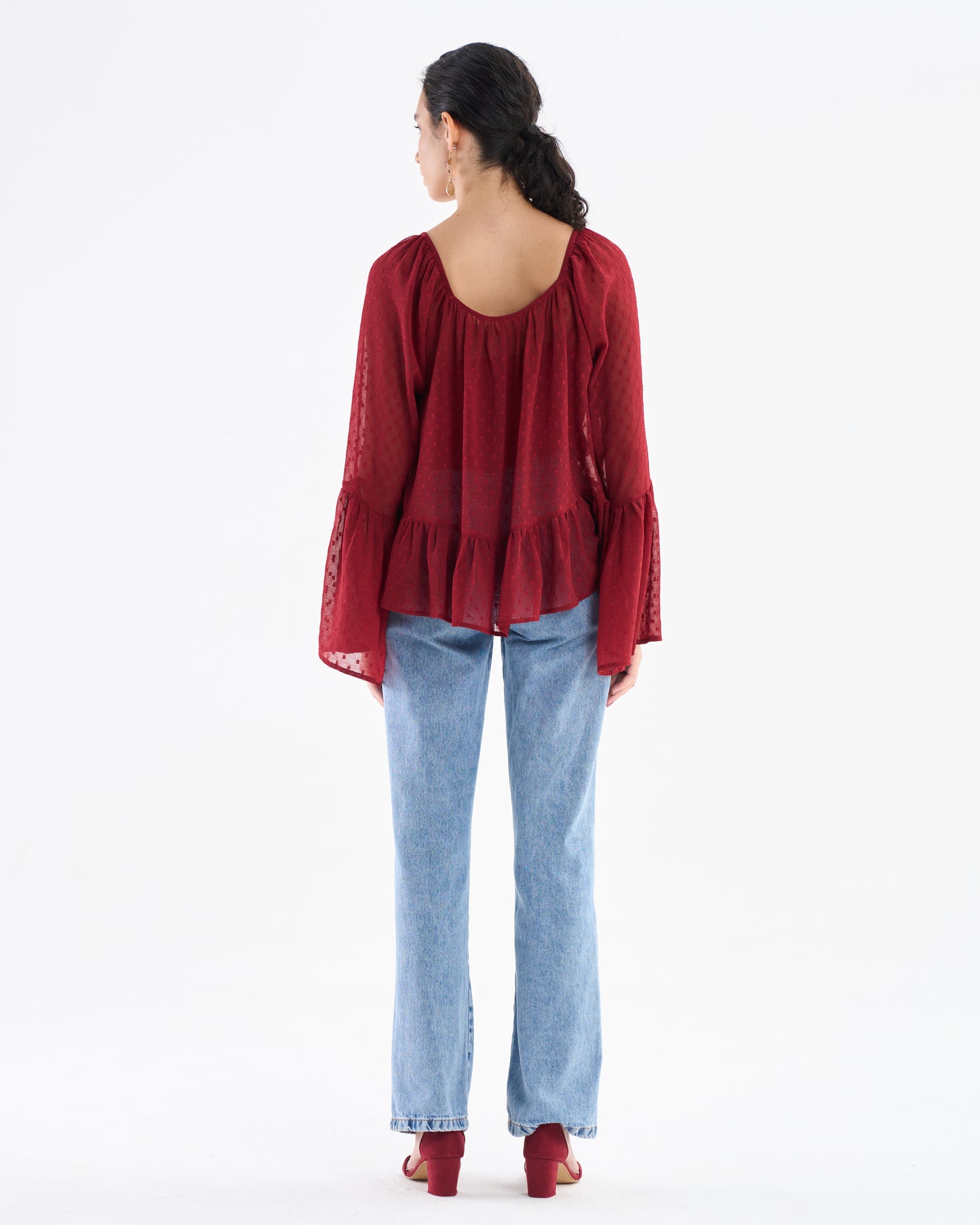 Wine Red Flounce Sleeve Peplum Top