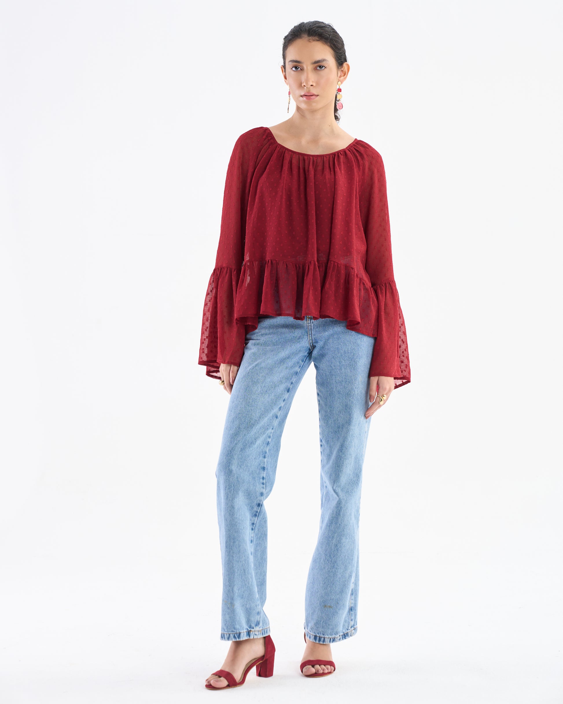 Wine Red Flounce Sleeve Peplum Top