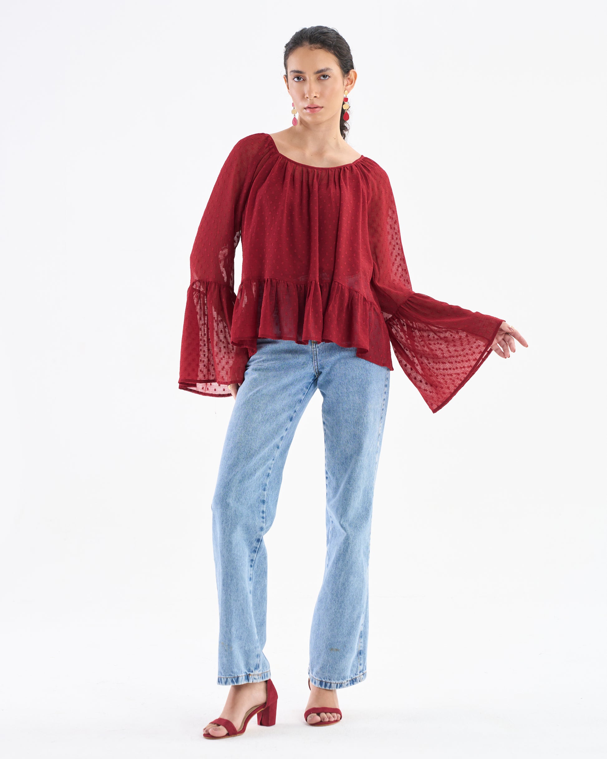 Wine Red Flounce Sleeve Peplum Top