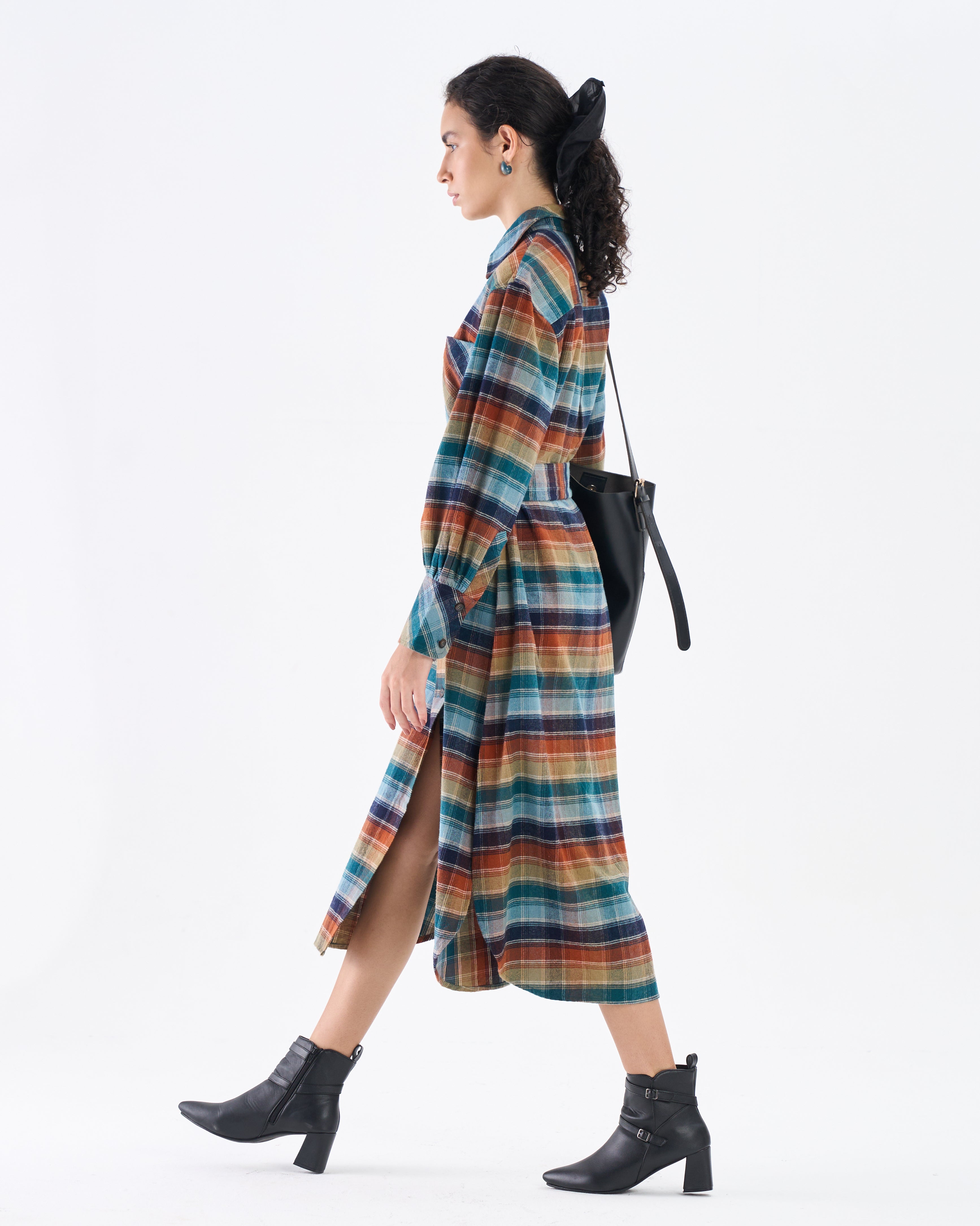 Multicolor Check Belted Shirt Dress