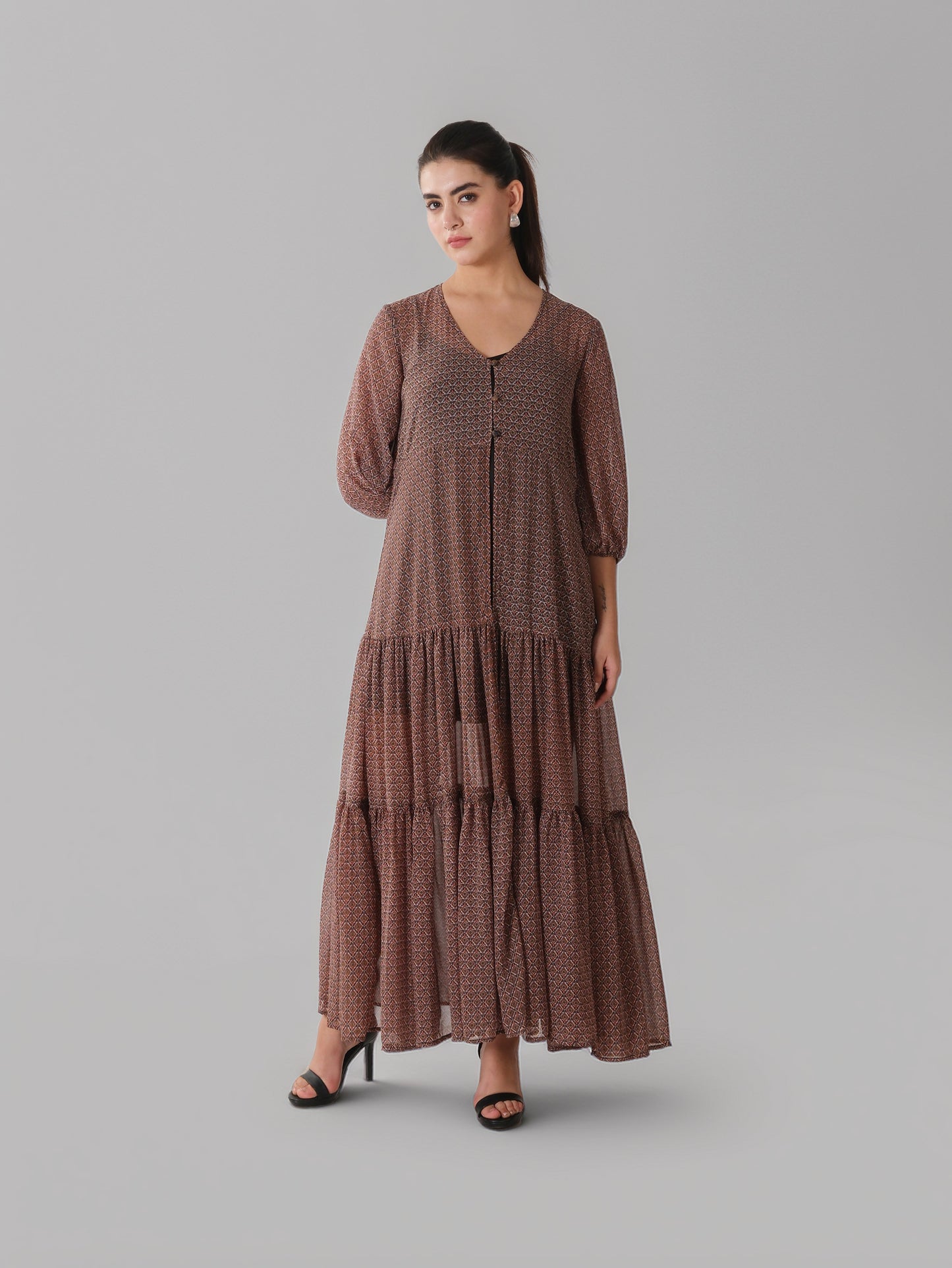 Coffee Brown Printed Tiered Maxi Dress