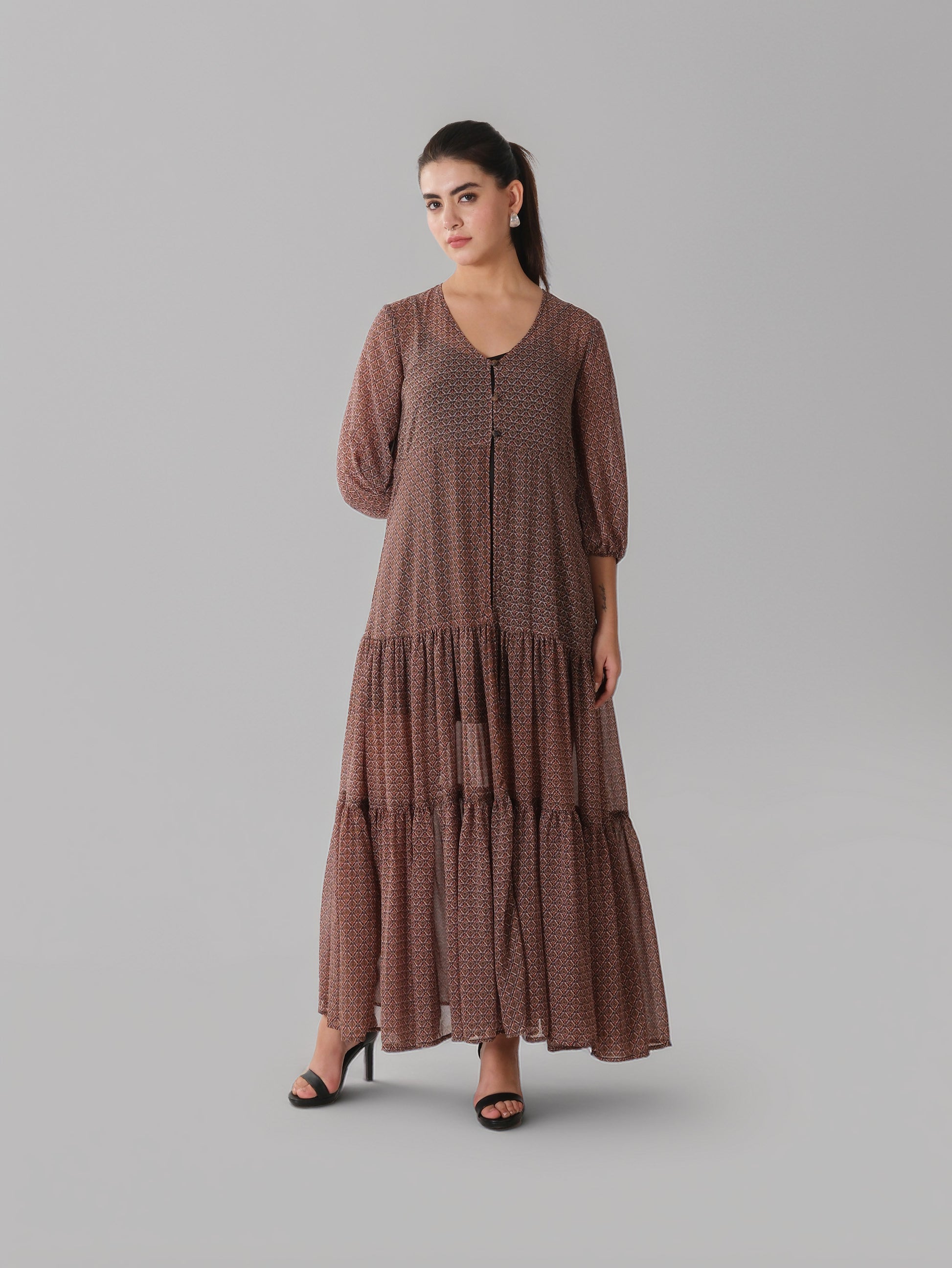 Coffee Brown Printed Tiered Maxi Dress