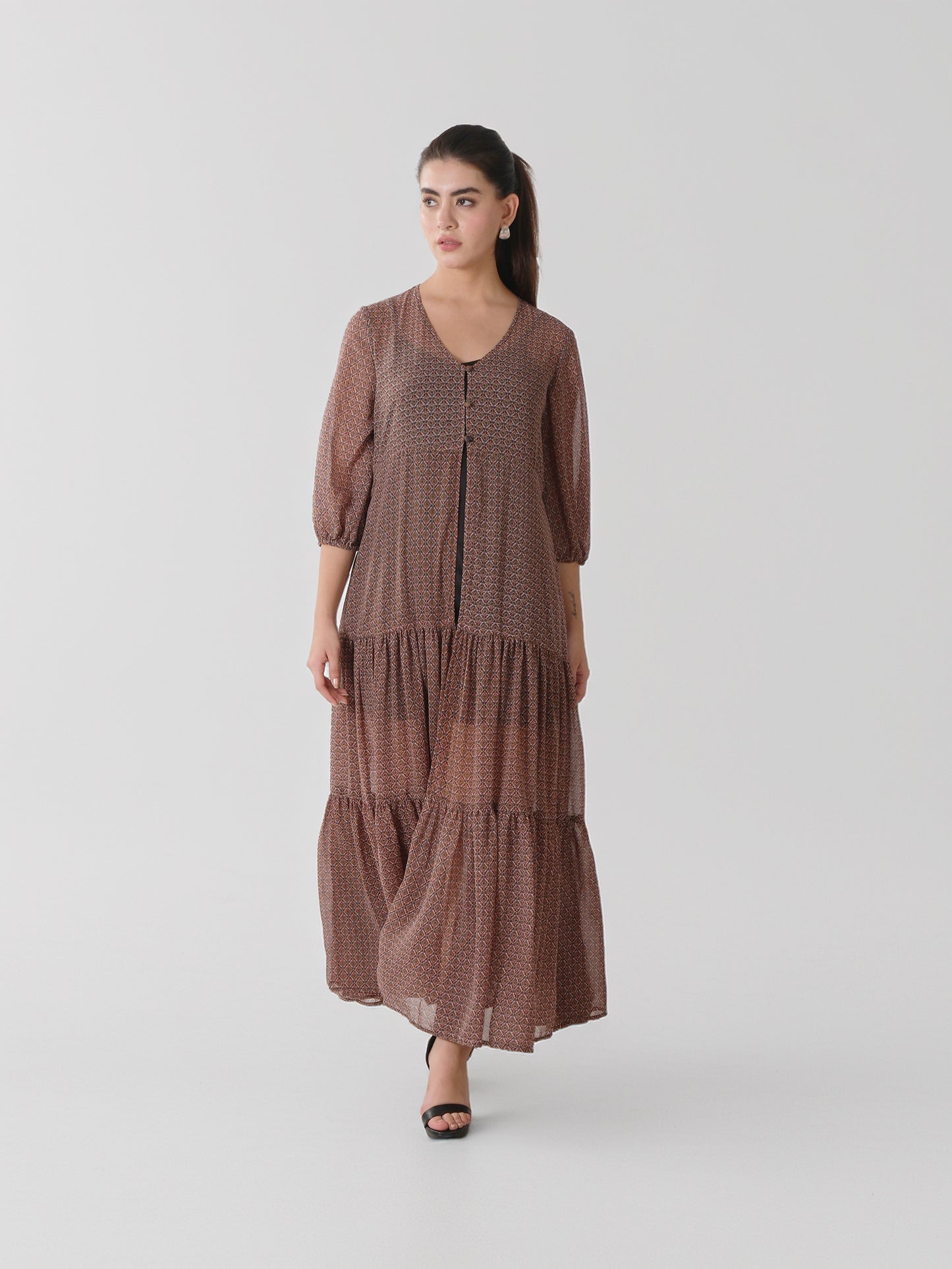 Coffee Brown Printed Tiered Maxi Dress
