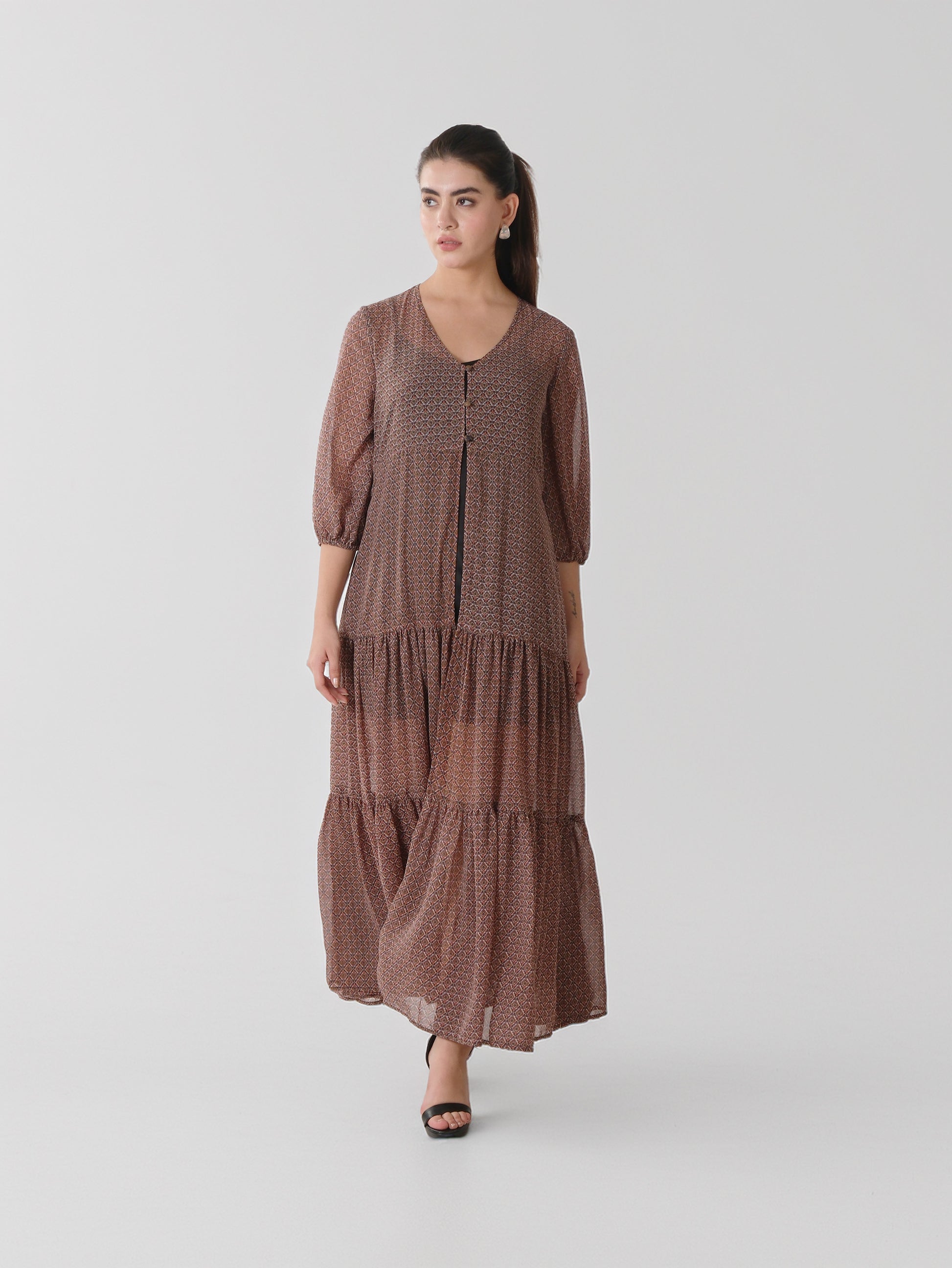 Coffee Brown Printed Tiered Maxi Dress