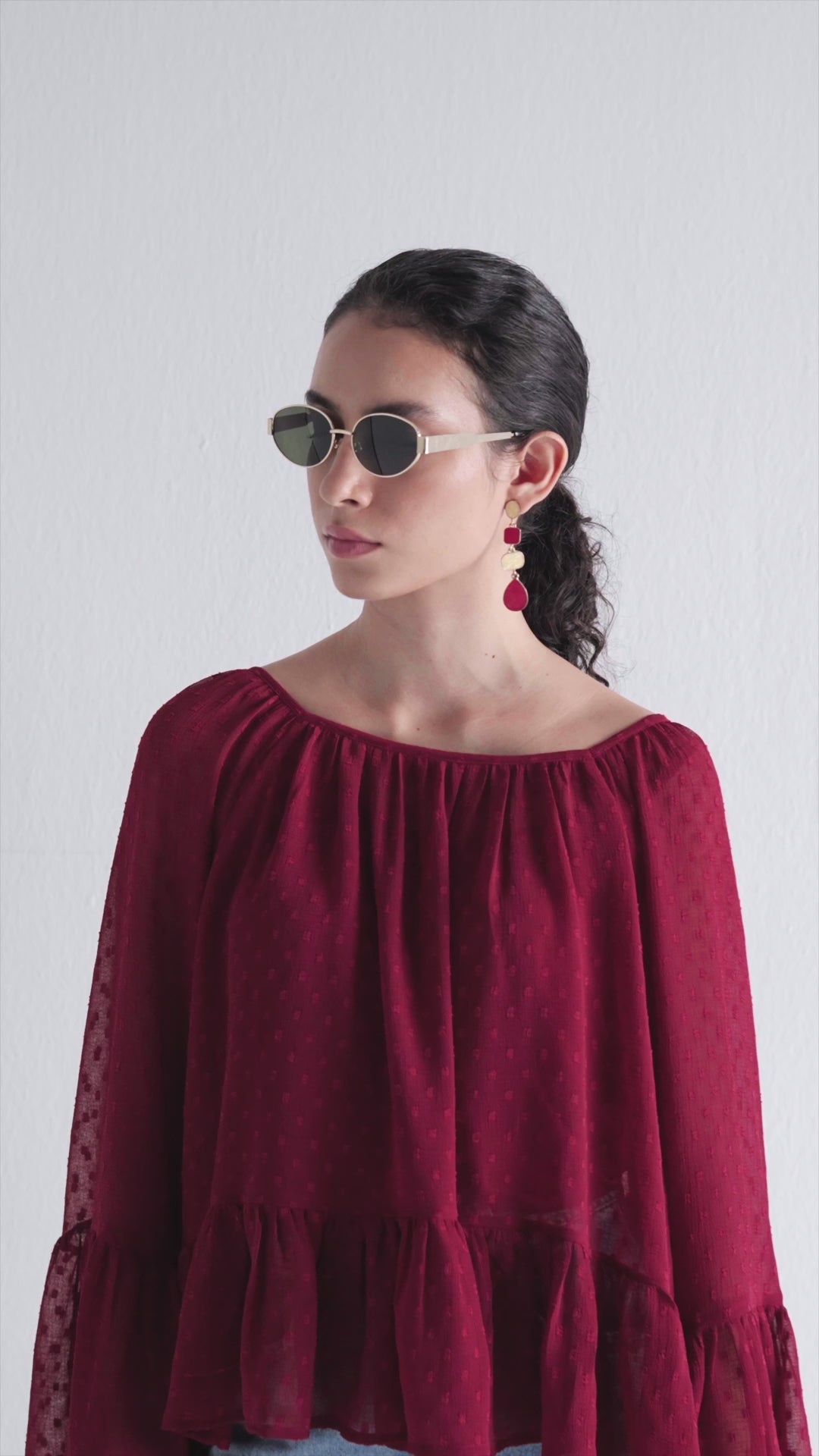 Wine Red Flounce Sleeve Peplum Top